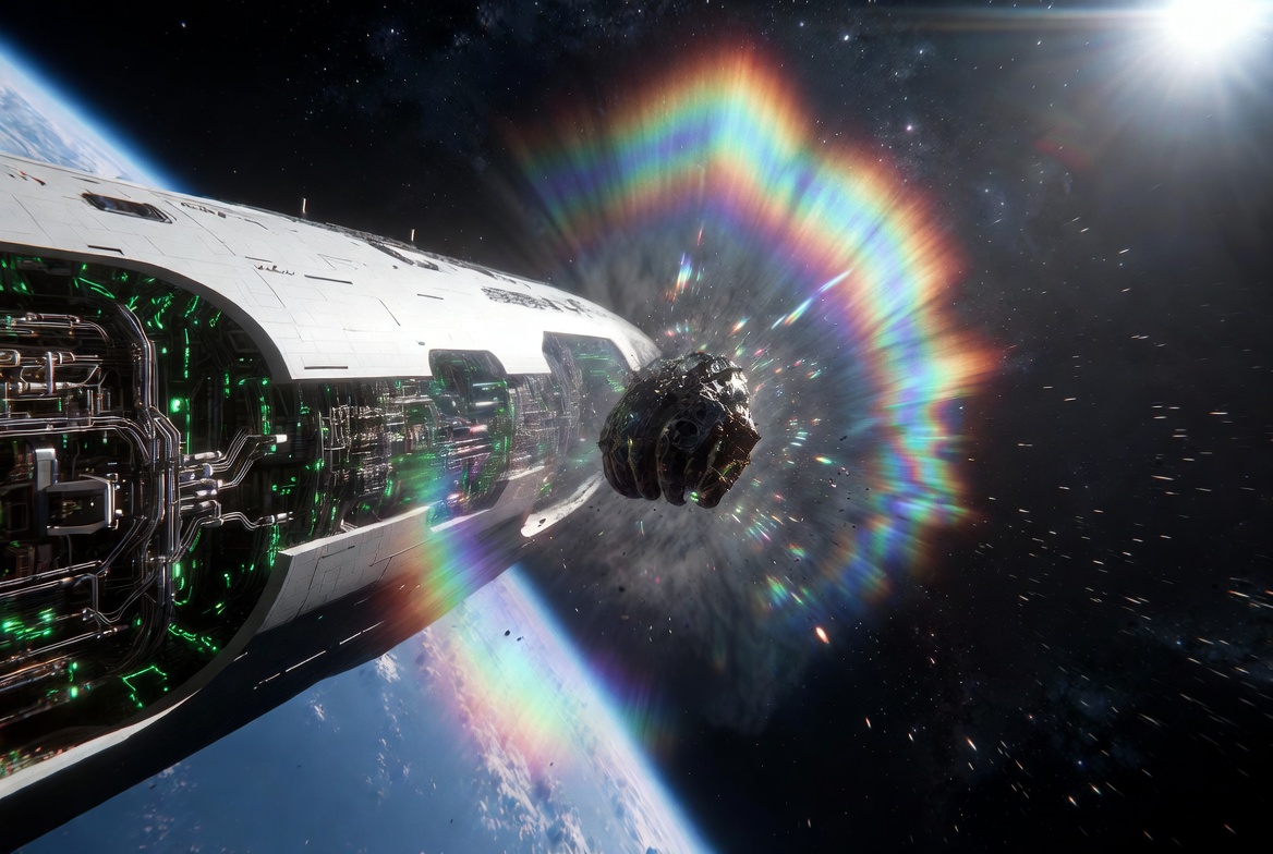Image représentant le bouclier de protection gravitationnel d'un vaisseau spatial arrêtant un astéroide dans l'espace