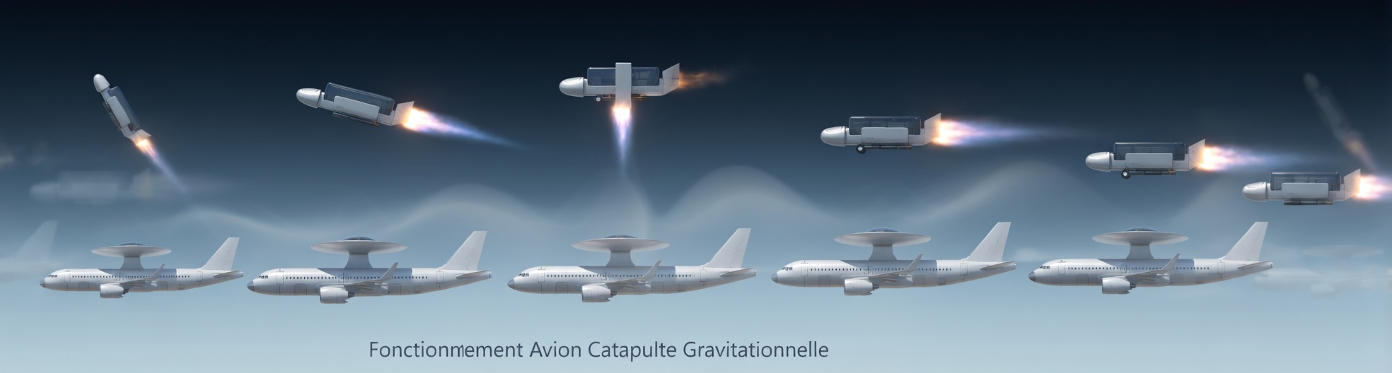 Image réaliste du fonctionnement de la catapulte gravitationnelle, avec Avion porteur et générateur d'onde en dessous, et carryall s'envolant au dessus