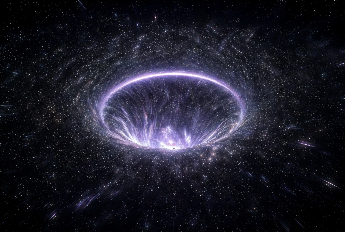 Vue d'artiste d'un portail de saut spatial gravitationnel de couleur violette