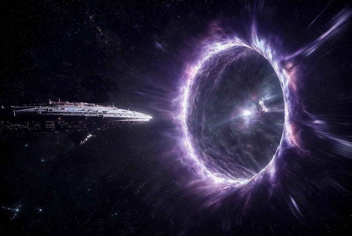 Autre vue d'un vaisseau spatial entrant dans un portail de saut spatial gravitationnel de couleur violette